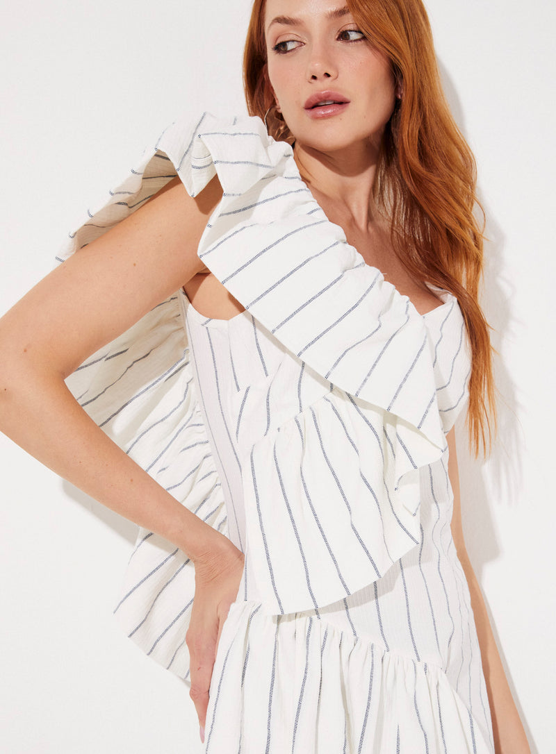 Vestido Com Babados Assimétricos Listrado Sommer