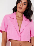 Blazer Cropped Manga Curta Com Linho