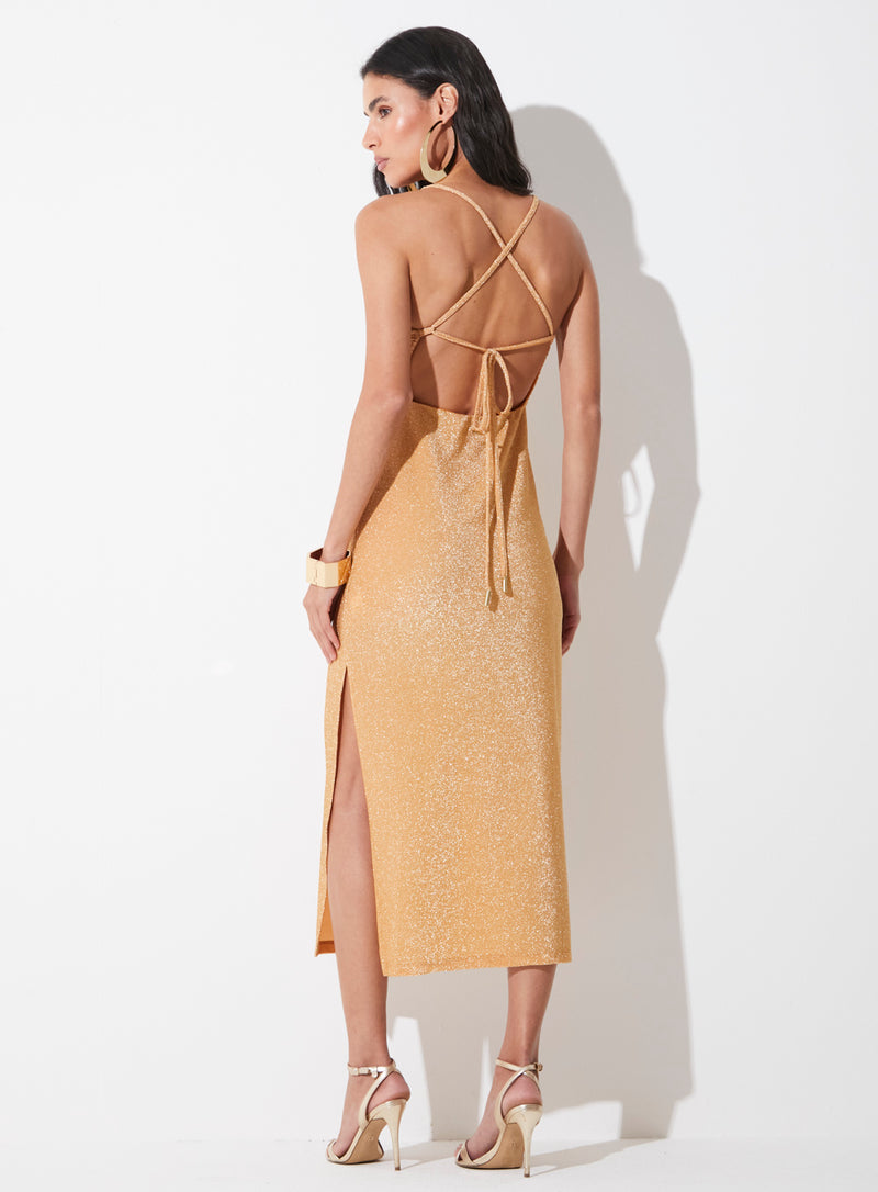 Vestido Midi Slim Decote Drapeado Com Brilho