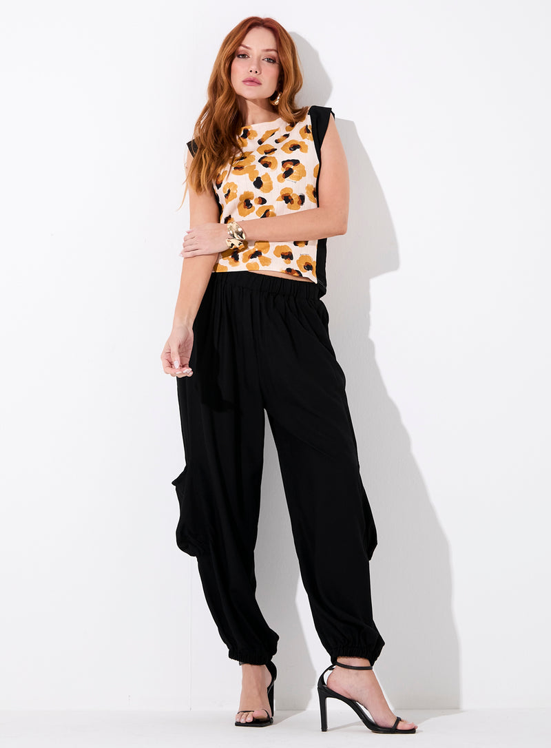 Blusa Regata Cava Reta Com Recortes Estampada Sommer