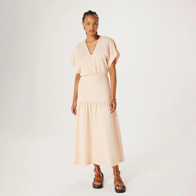 Vestido Midi Evasê Franzidos Hering Salmao