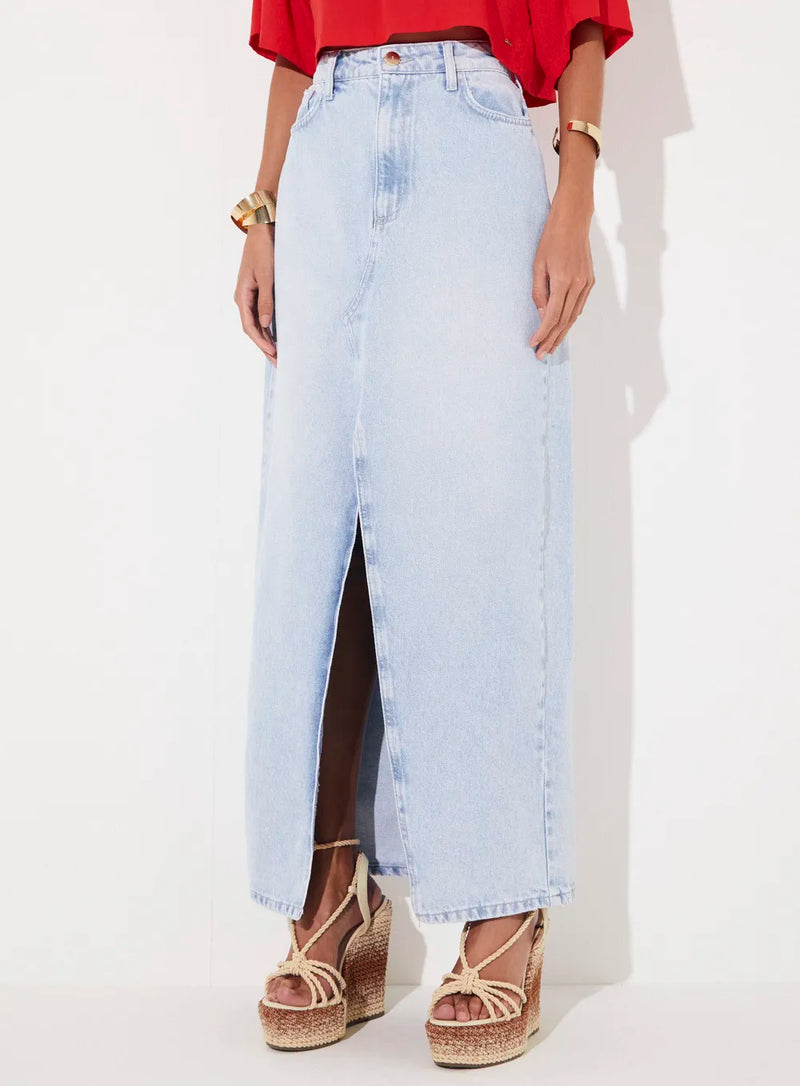 Saia Longa Jeans Delavé Com Fenda Sommer