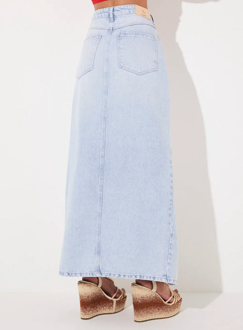 Saia Longa Jeans Delavé Com Fenda Sommer