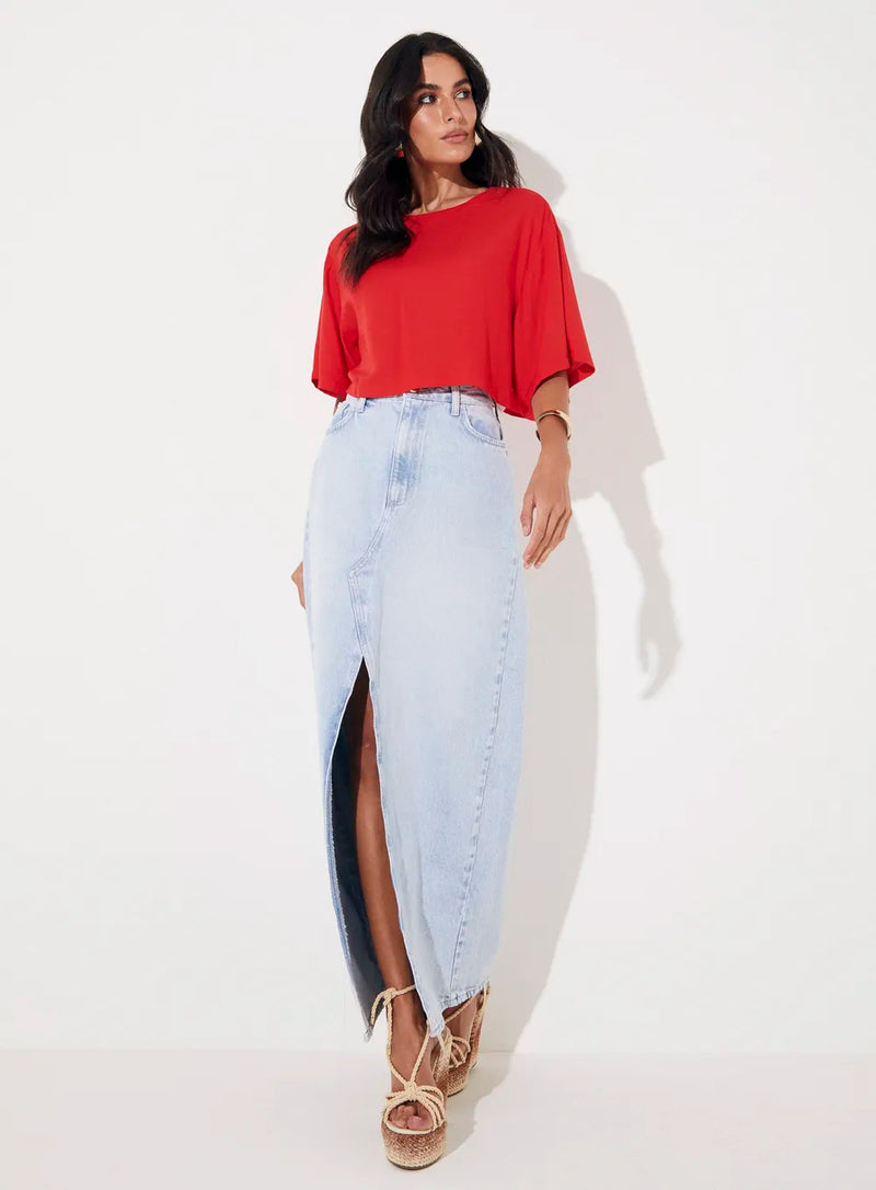 Saia Longa Jeans Delavé Com Fenda Sommer