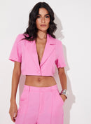 Blazer Cropped Manga Curta Com Linho