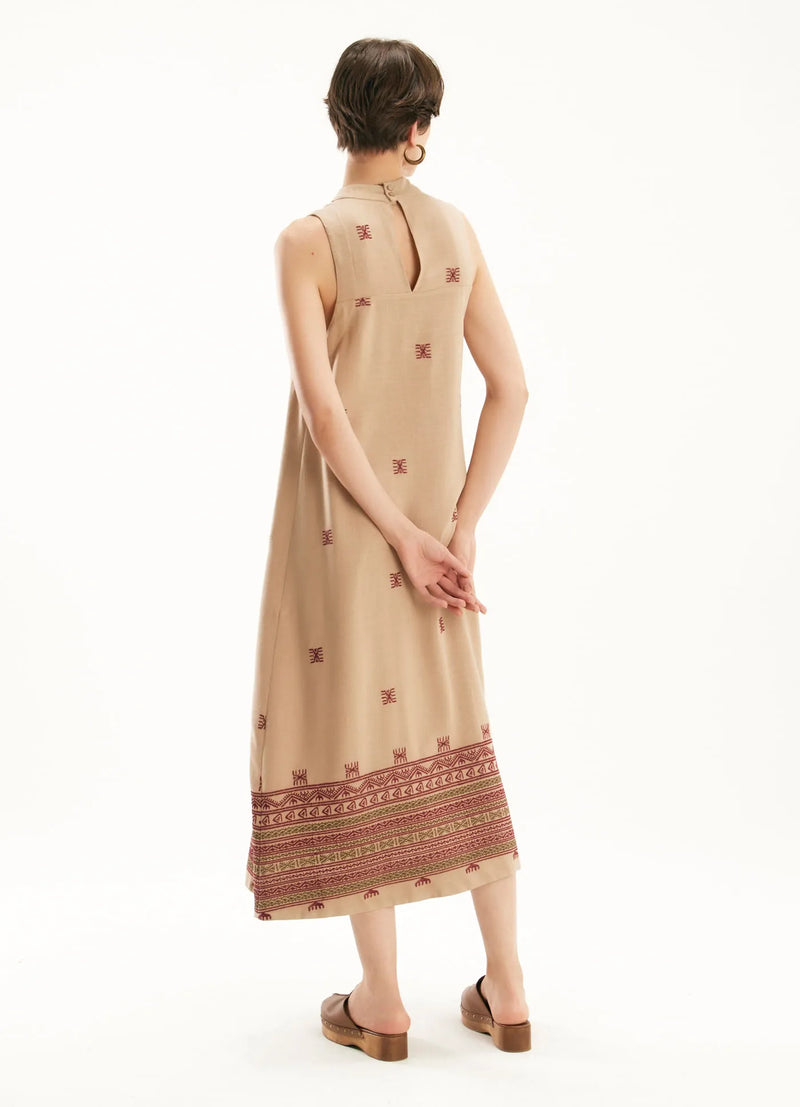 Vestido Cantão linho bordado étnico barrado