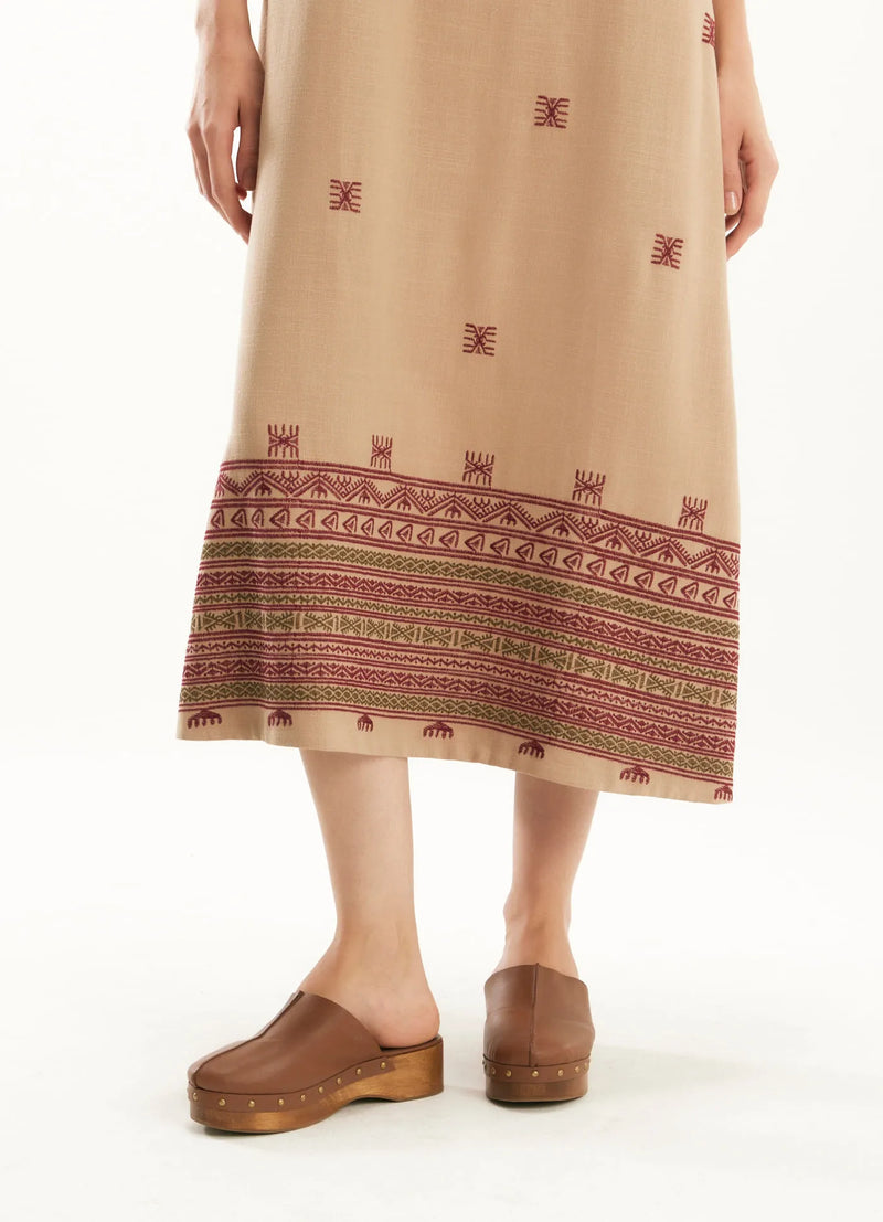 Vestido Cantão linho bordado étnico barrado