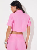 Blazer Cropped Manga Curta Com Linho