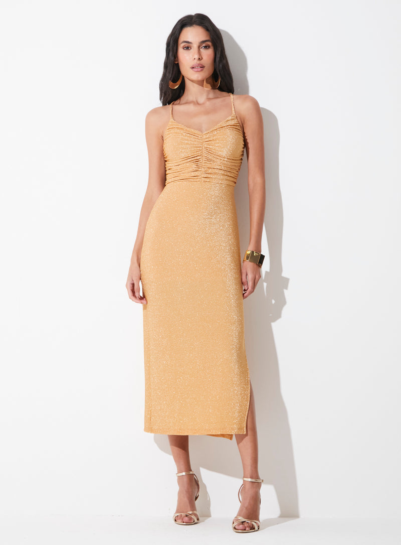 Vestido Midi Slim Decote Drapeado Com Brilho