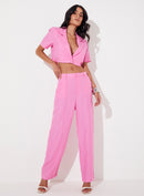 Blazer Cropped Manga Curta Com Linho