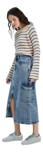 Saia Jeans Midi Cargo Com Fenda Frontal - Hering