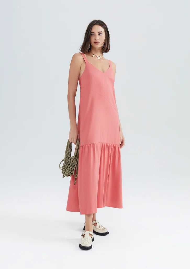 Vestido Goiaba Hering Midi Com Franzidos Em Viscolinho
