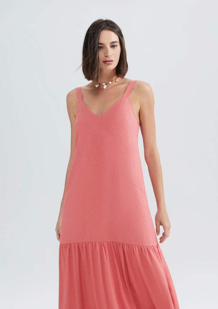 Vestido Goiaba Hering Midi Com Franzidos Em Viscolinho
