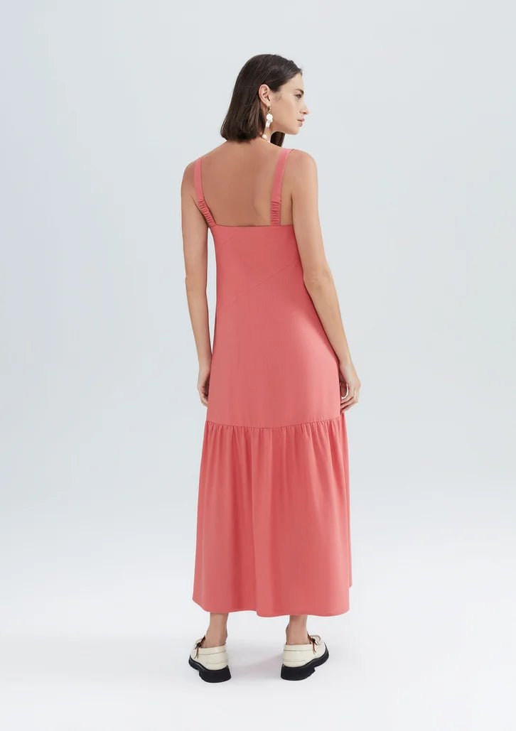 Vestido Goiaba Hering Midi Com Franzidos Em Viscolinho