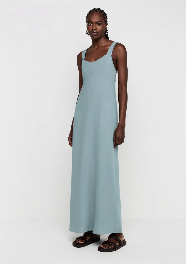 Vestido Longo Verde Dzarm Evasê Em Viscose Com Linho