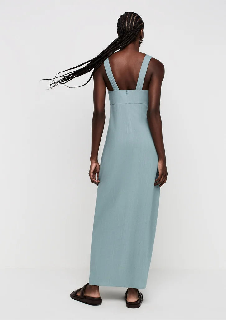 Vestido Longo Verde Dzarm Evasê Em Viscose Com Linho