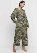 Blusa Manga Longa Decote Canoa Em Viscose Verde Musgo e Branco