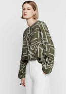 Blusa Manga Longa Decote Canoa Em Viscose Verde Musgo e Branco