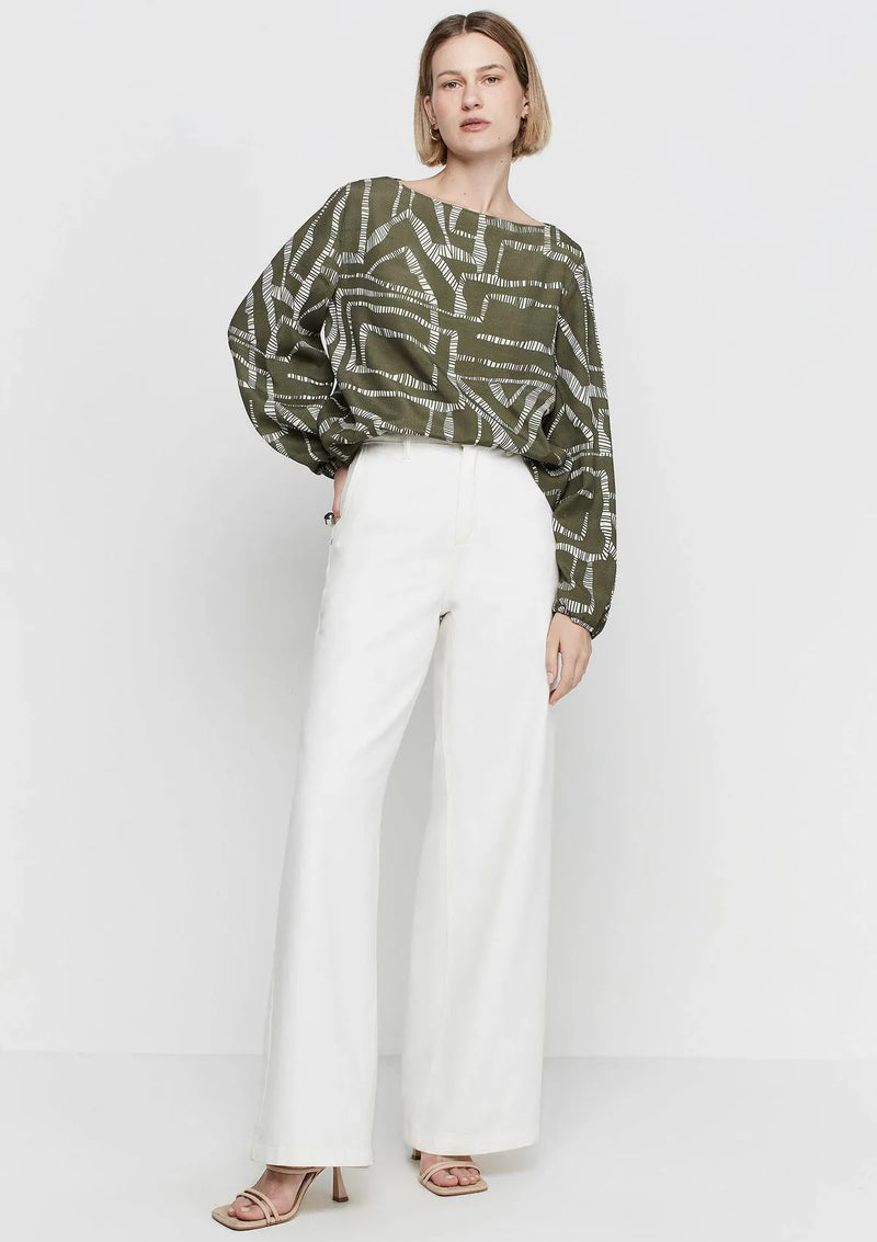 Blusa Manga Longa Decote Canoa Em Viscose Verde Musgo e Branco